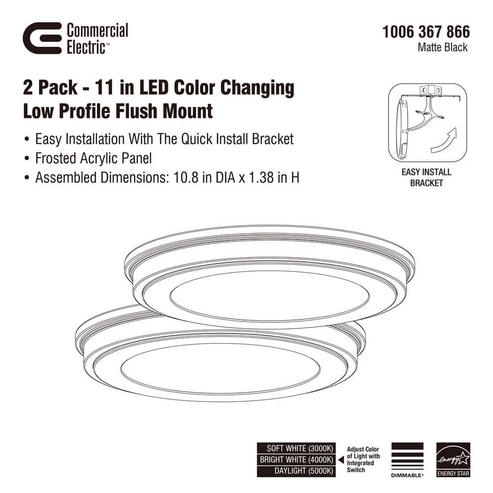 11 in. Matte Black 3-CCT LED Round Flush Mount, Low Profile Ceiling Light (2-Pack) - Hercitys