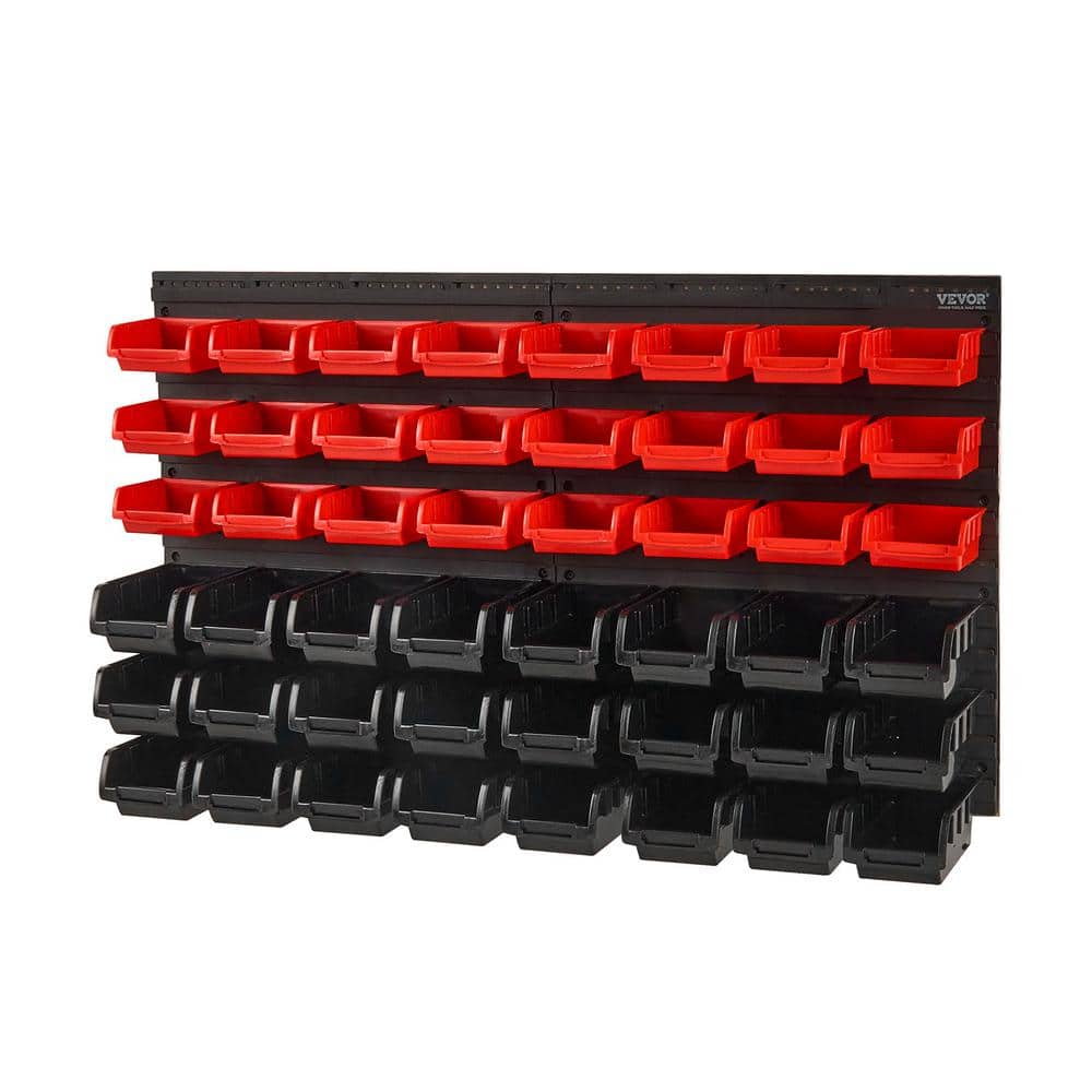 48-Bin Wall Mounted Storage Bins Parts Rack Organizer Garage Shop Tool Organizer w/Wall Panels for Nuts Black and Red - Hercitys