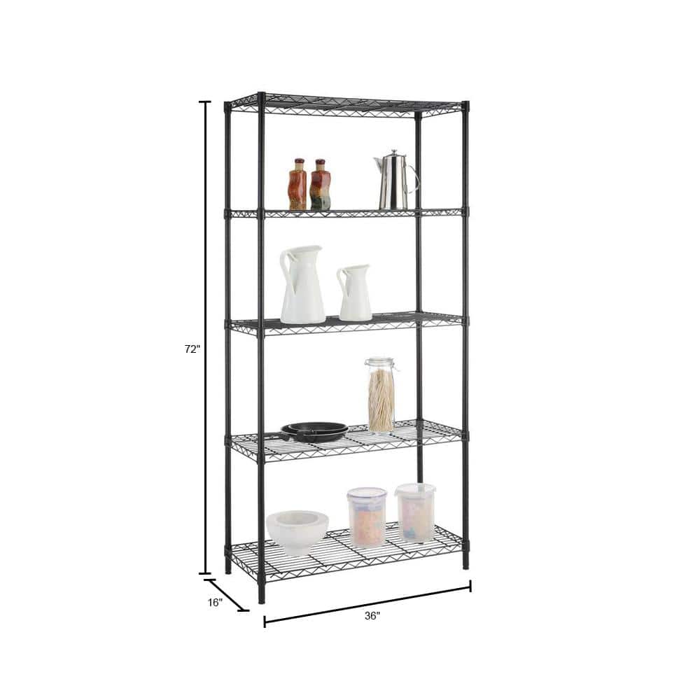 5-Tier Steel Wire Shelving Unit in Black (36 in. W x 72 in. H x 16 in. D) - Hercitys