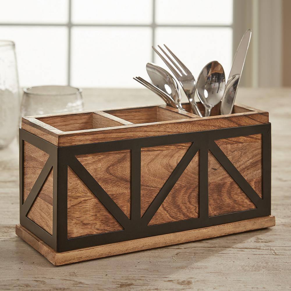 5 in. H x 10 in. W x 4.25 in. D Urban Farmhouse Modern Wood and Metal Utensil Caddy - Hercitys