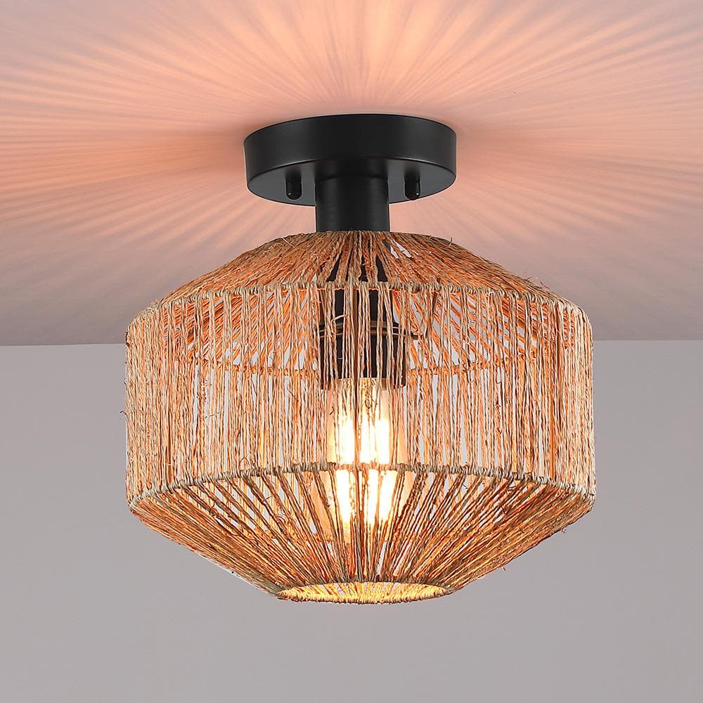 10.2 in. 1-Light Bohemian Natural Jute Rope Semi-Flush Mount Ceiling Light with Black Hardware - Hercitys