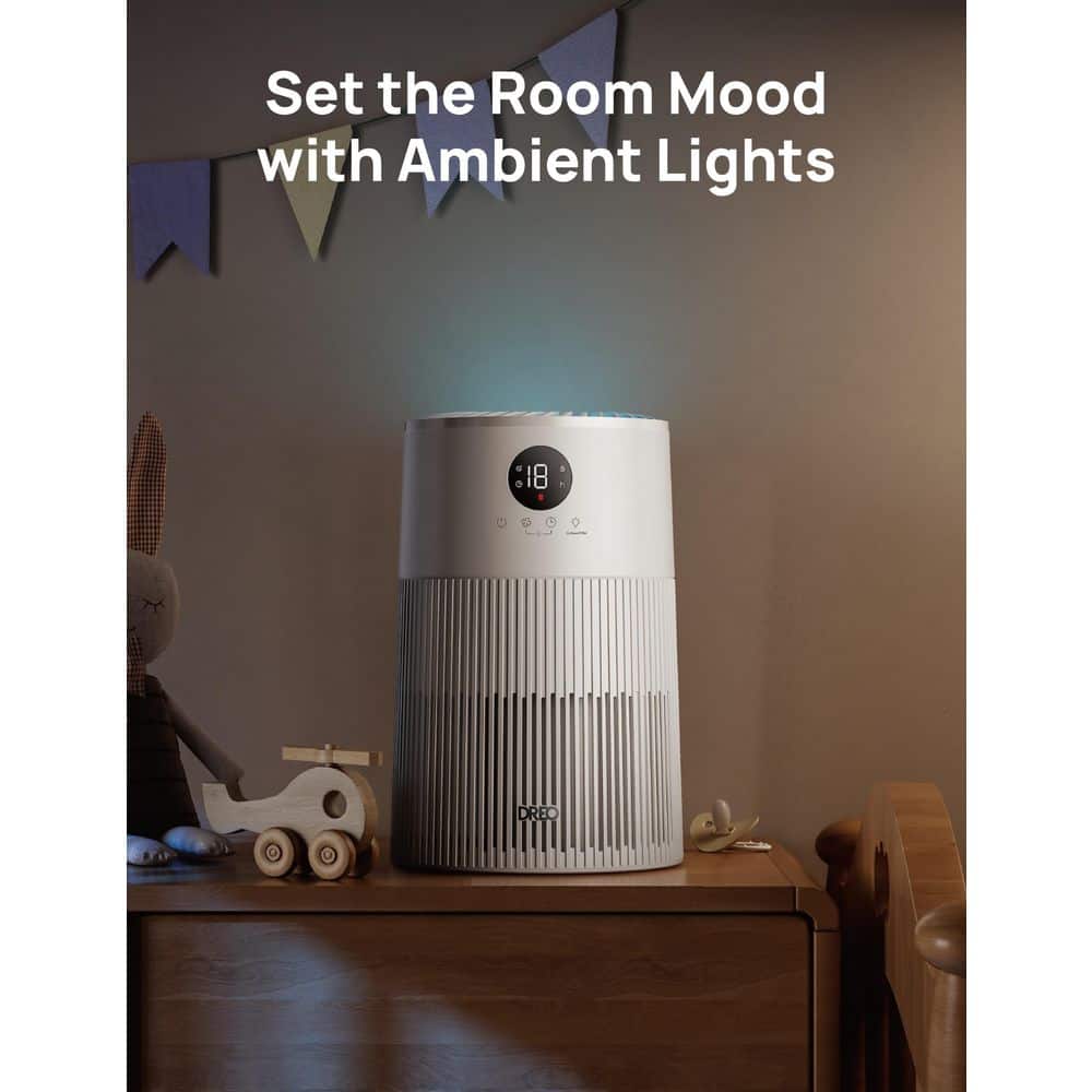 155 sq. ft. Tabletop Air Purifier, Macro-414, HEPA Filter, 4-Customizable Settings, Ambient Lighting and Timer in White - Hercitys