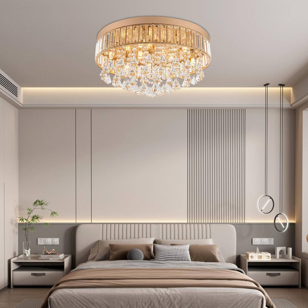 19.68 in. 9-Light Gold Modern Round Flush Mount Ceiling Light with Clear Crystal Shade and No Bulbs Included - Hercitys