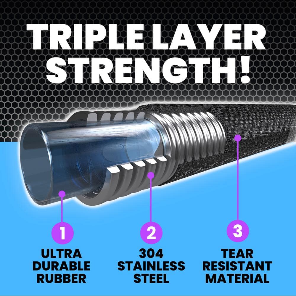 5/8 in. Dia x 50 ft. Heavy-Duty Flexible Light-Weight Stainless Steel 3-Layer Strength Water Hose with Bucket Storage - Hercitys