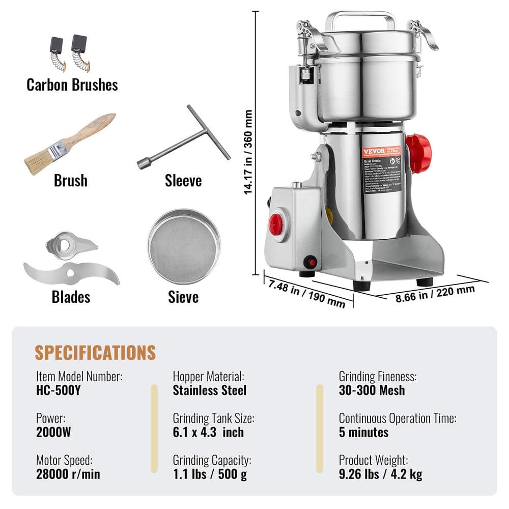 500g Electric Grain Mill Grinder, High Speed 2000-Watt Commercial Grinders, Stainless Steel Pulverize Powder Machine - Hercitys