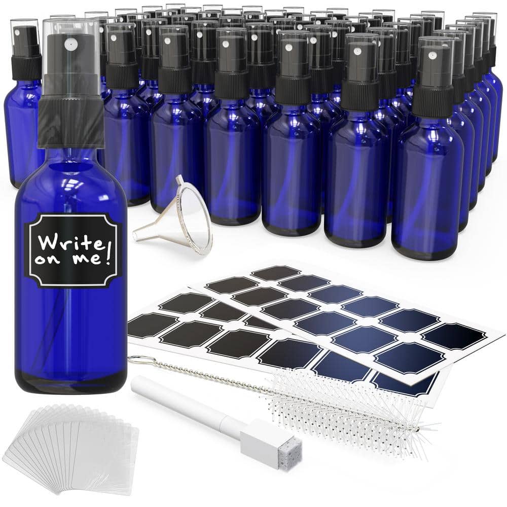 2 oz. Glass Spray Bottles with Funnel, Brush, Marker and Labels-Blue (Pack of 48) - Hercitys