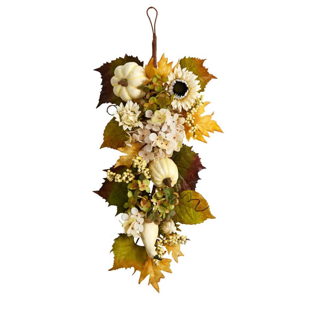 33 in. Green Fall Sunflower, Hydrangea and White Pumpkin Artificial Autumn Teardrop - Hercitys