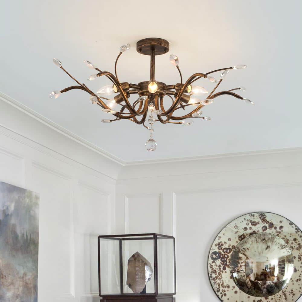 28.74 in. 6-Light Vintage Oil-Rubbed Bronze Sputnik Semi-Flush Mount Ceiling Light with Crystal Accents - Hercitys