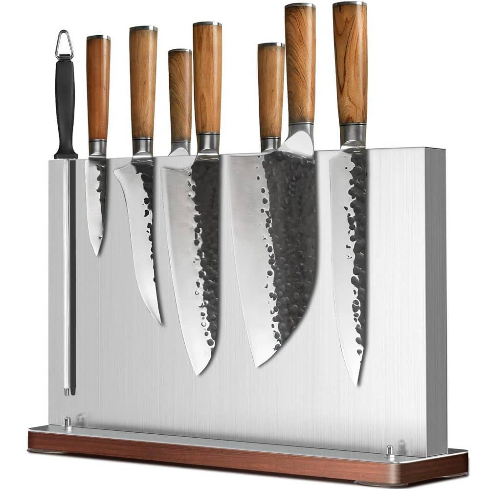 16-Knife Stainless Steel Magnetic Knife Block with Wood Base, Strong Double Sided Magnet Knife Storage Strip - Hercitys