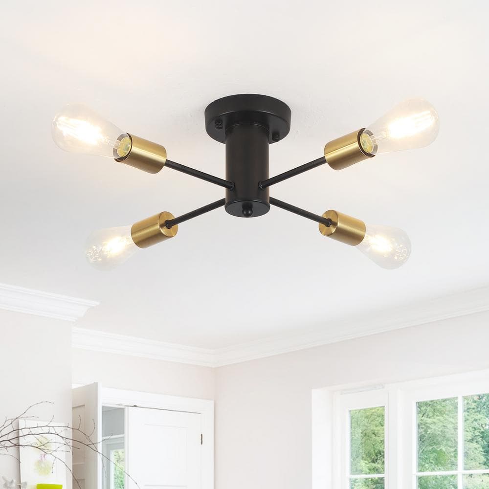 17.5 in. 4-Light Black/Gold Sputnik Semi- Flush Mount For Foyer Bedroom with No Bulbs Included - Hercitys