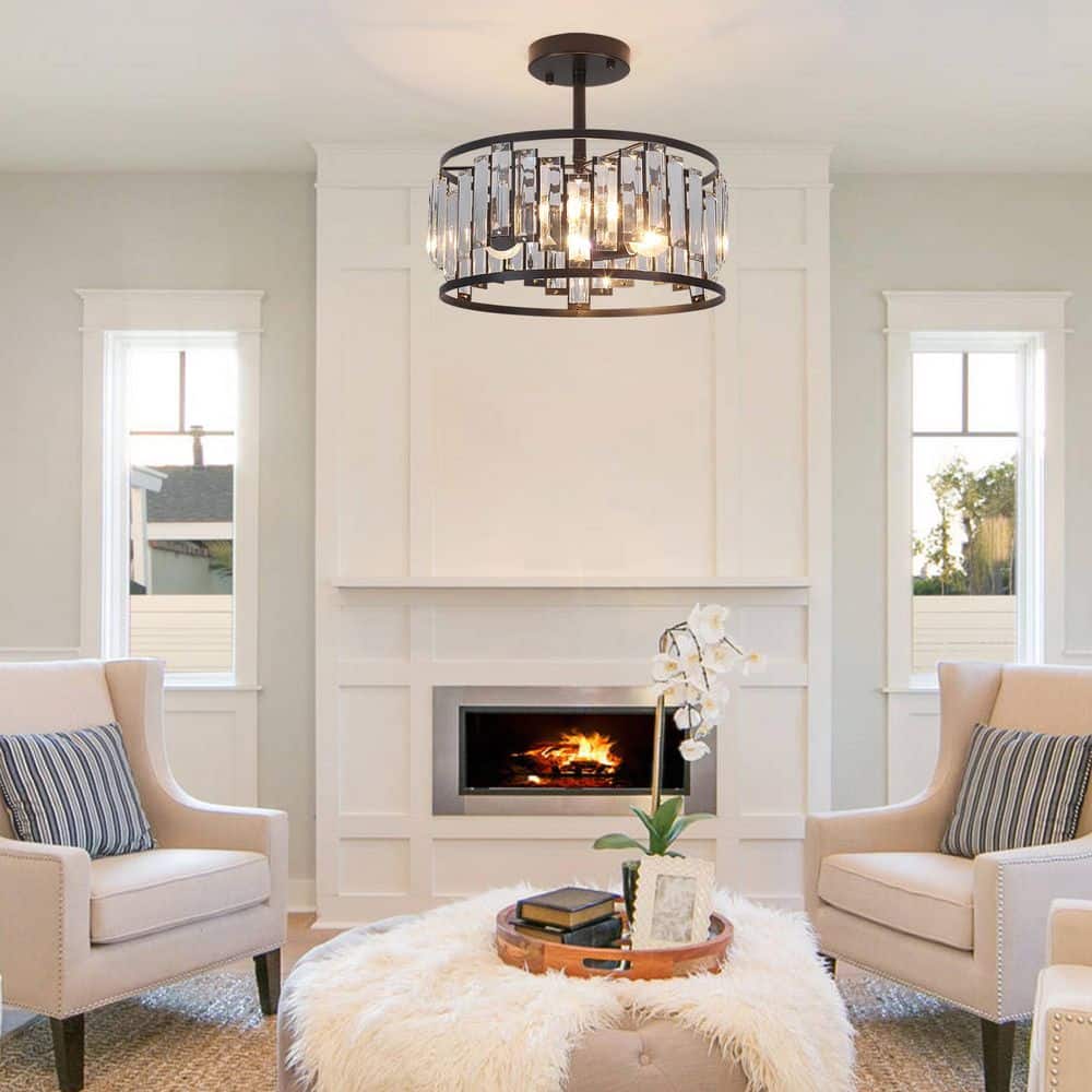 12.6 in. 3-Light Matte Black Semi Flush Mount Light with Clear Glass Shade - Hercitys