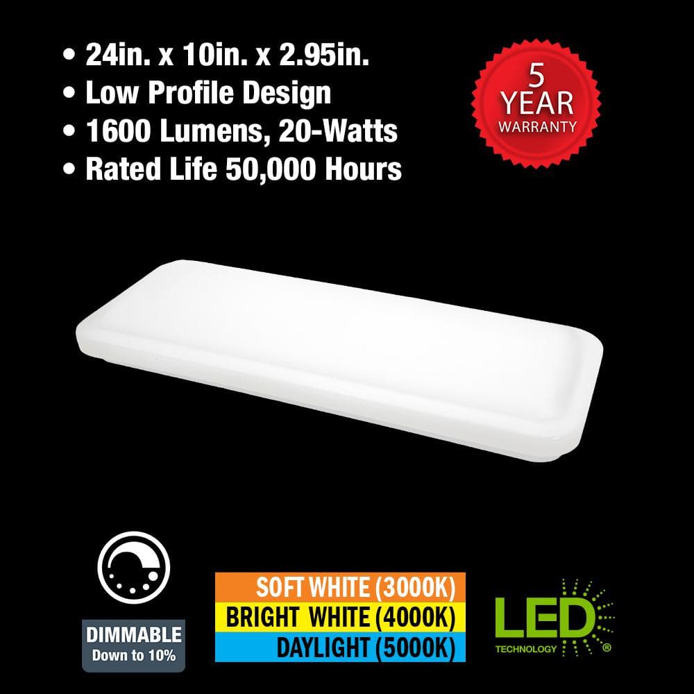 24 in. x 10 in. Classic White LED Flush Mount Closet Light 1600 Lumens 20-Watt Adjustable CCT Kitchen Light Dimmable - Hercitys