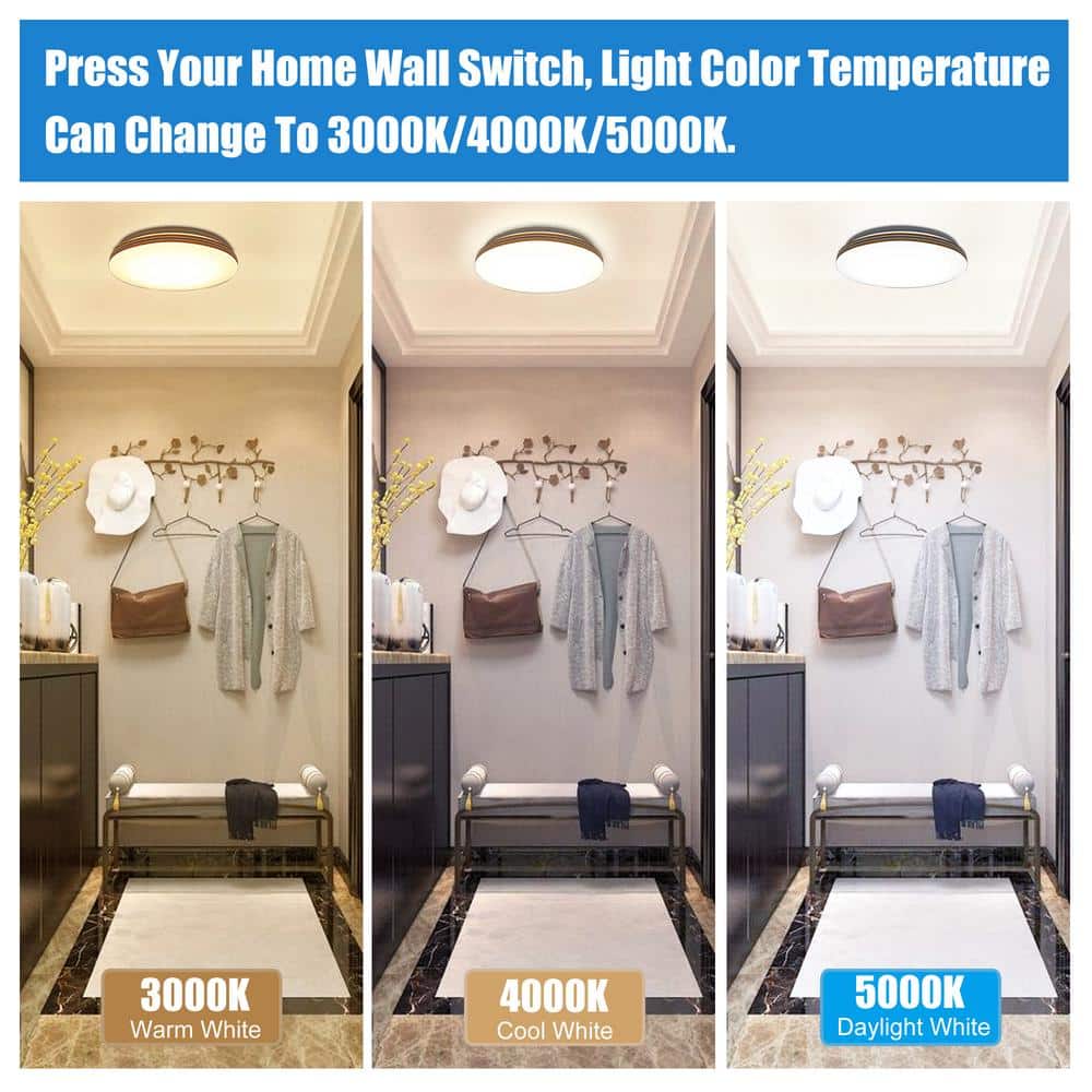 11.5 in. Round White with Faux Wood-Grain Trim Adjustable CCT 3000K/4000K/5000K Dimmable Flush Mount Light Fixture - Hercitys