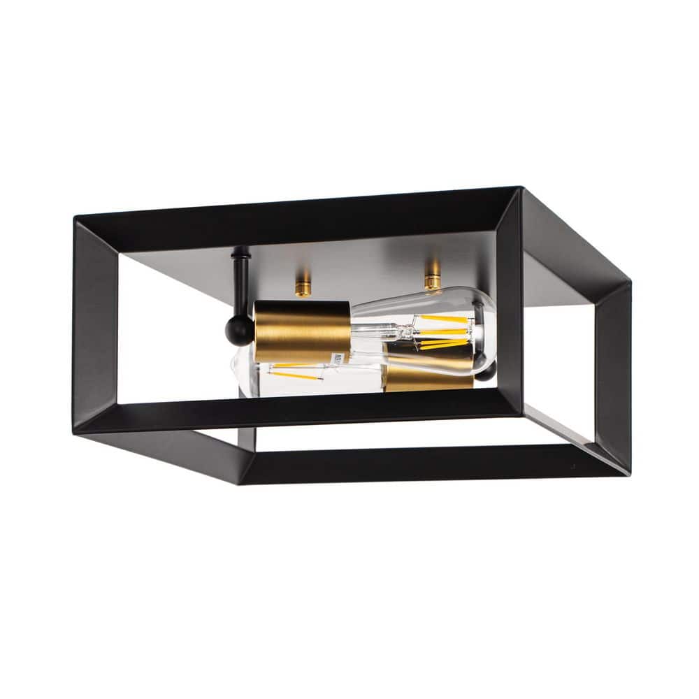 11.4 in. 2-Light Industrial Black Gold Square Flush Mount Ceiling Light with E26 Base Modern Metal Fixture for Hallway - Hercitys