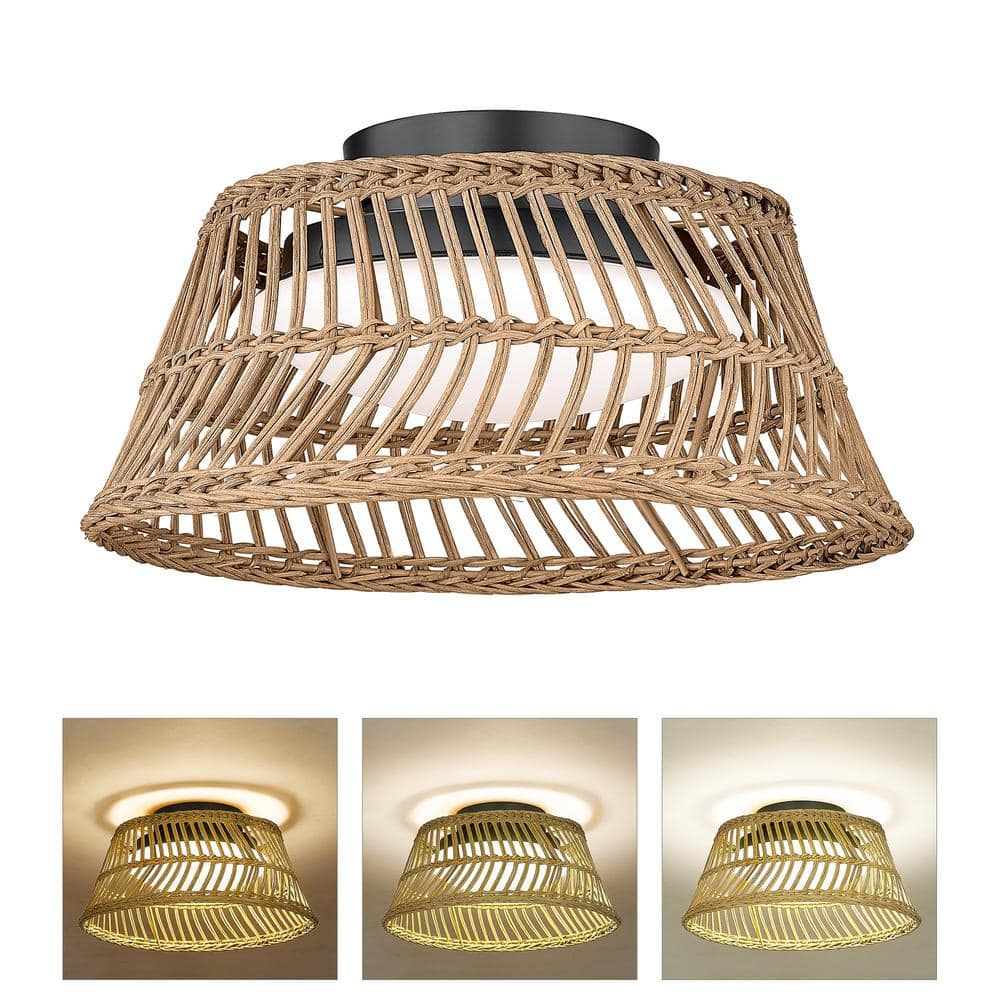 11.8 in. 12-Watt Modern Black Integrated LED Flush Mount Acrylic with Hand-Woven Boho Shade - Hercitys