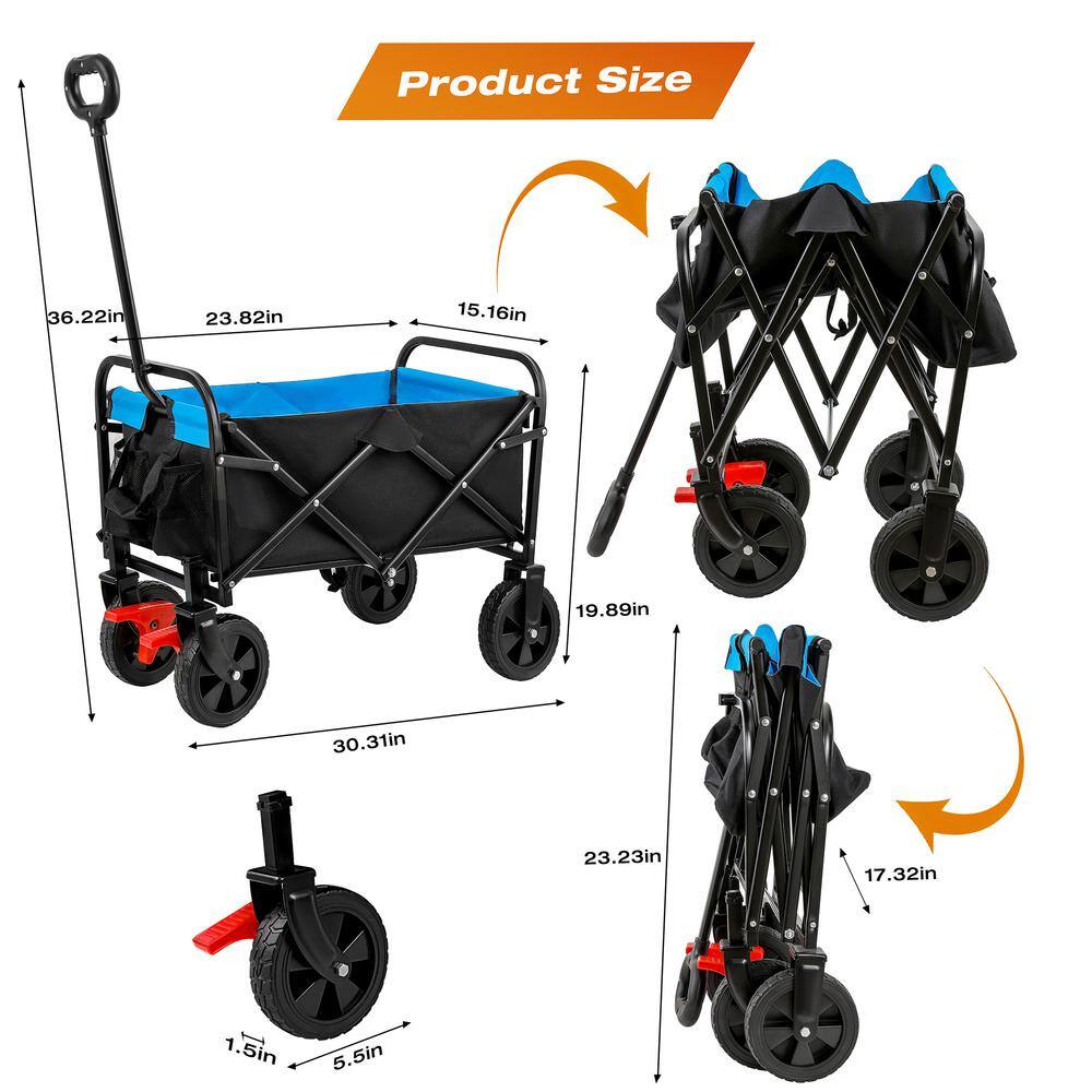 1.8 cu. ft. Blue Black Metal Mini Folding Garden Cart with Two Brakes and Tow Cup Holders - Hercitys