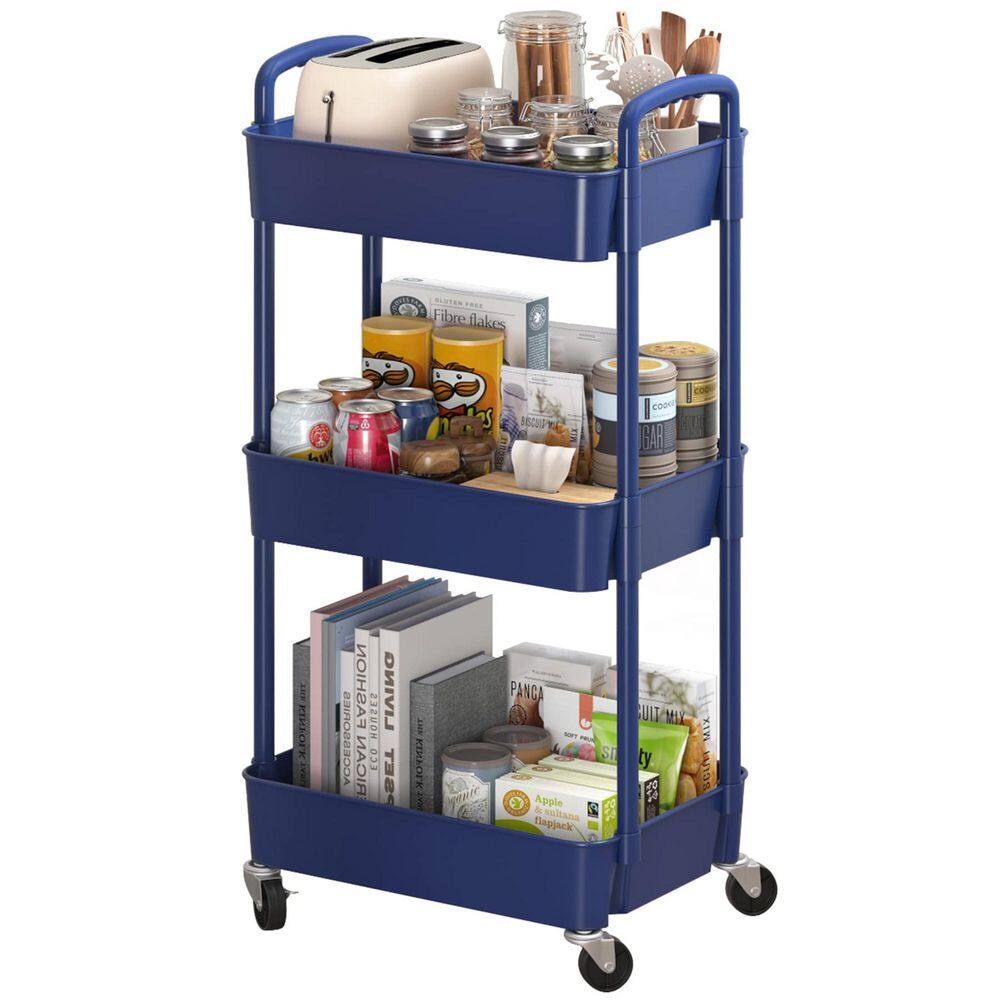 3-Tier Plastic -Wheeled Storage Utility Cart in Blue - Hercitys