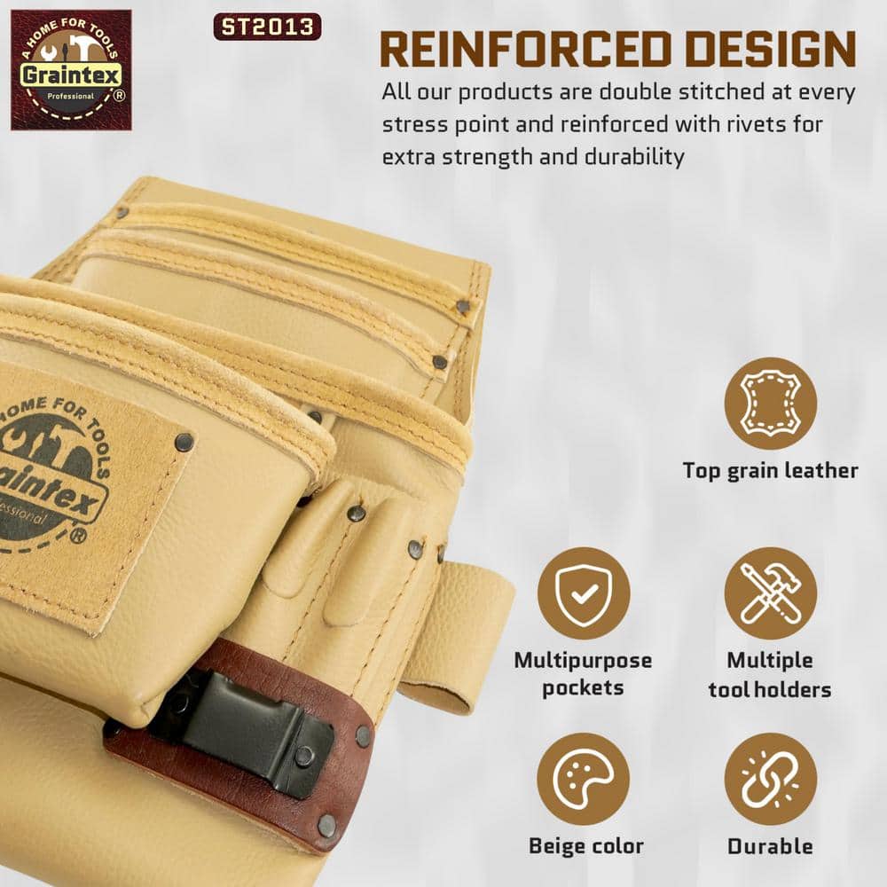 10-Pocket Rugged Top Grain Leather Nail and Tool Pouch - Hercitys