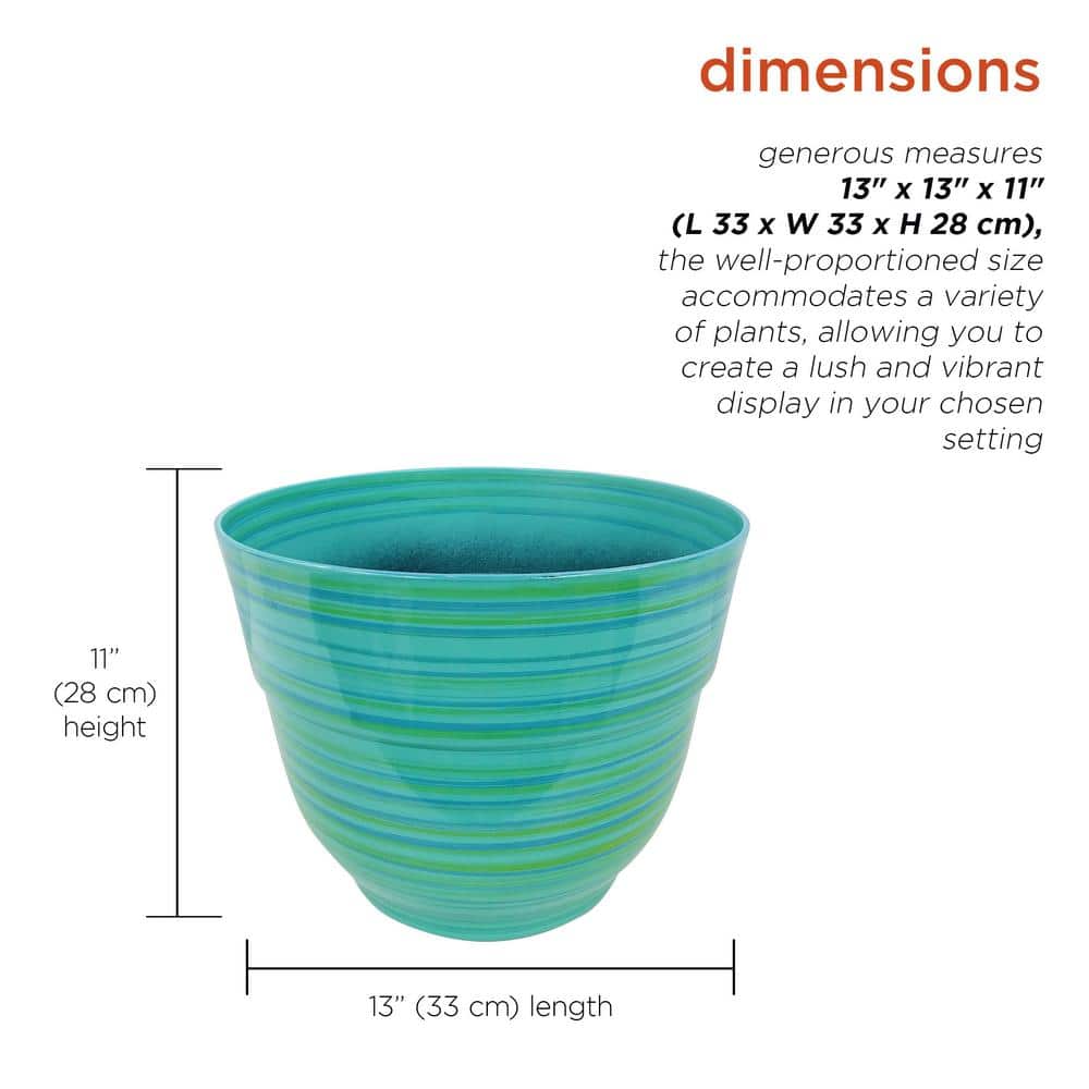13 in. Indoor/Outdoor Plastic Round Striped Polypropylene Planter, Turquoise - Hercitys