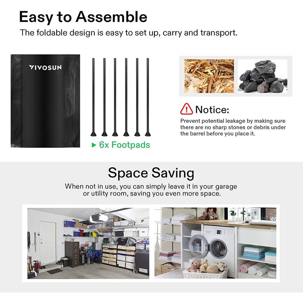 53 Gal. Collapsible Rain Barrel with 2 Spigots and Overflow Kit in Black - Hercitys