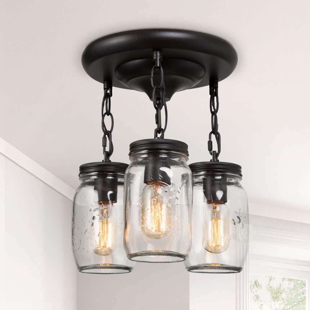3-Light Modern Farmhouse Semi-Flush Mount Oil-Rubbed Bronze Classic Mason Jar Kitchen Ceiling Light - Hercitys