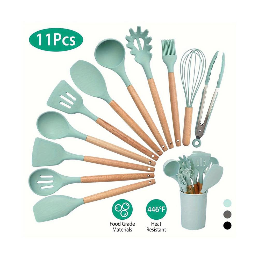 11-Pieces Light Green Silicone Cooking Utensil Set Heat Resistant Wooden Handle - Hercitys