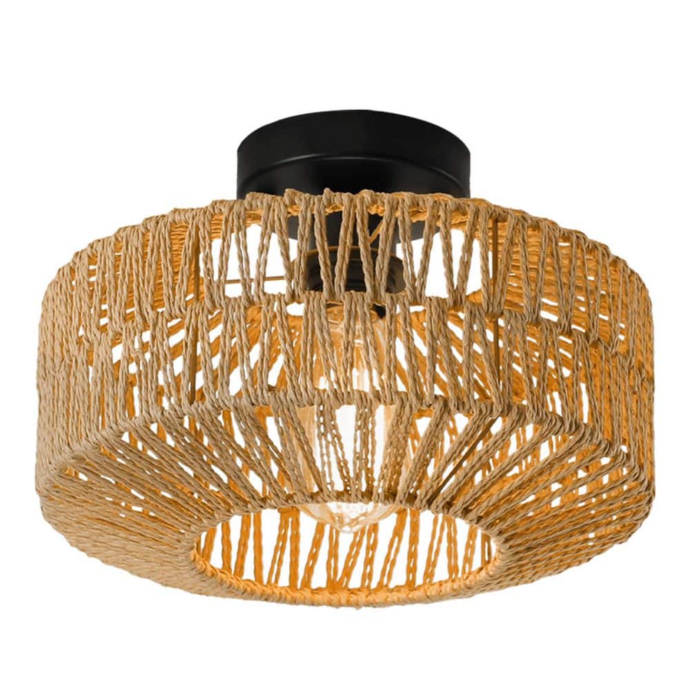 11.8 in. 1-Light Bohemian Natural Rattan Semi-Flush Mount Ceiling Light - Hercitys