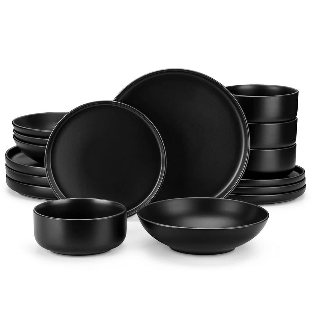 16-Piece Black Stoneware Dinnerware Set Service for 4, Dinner Plates Dessert Plates Soup Plates and Cereal Bowls - Hercitys