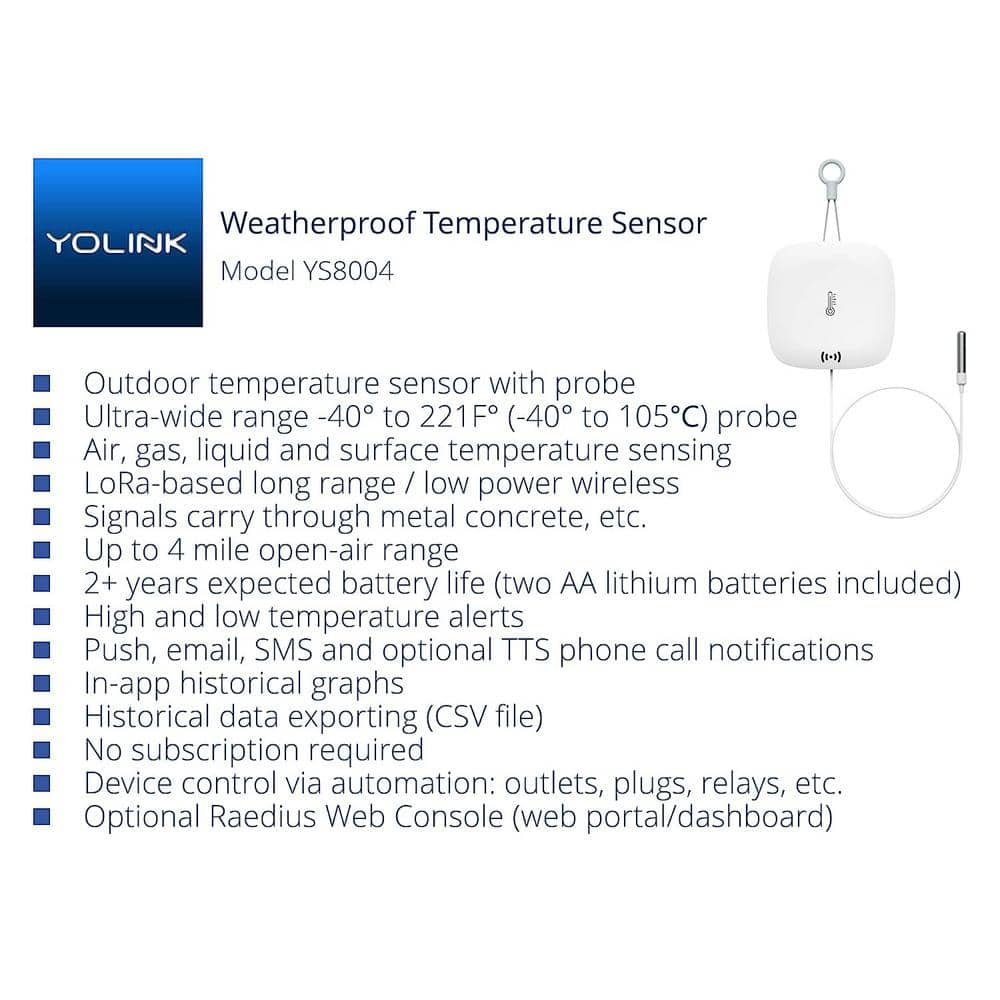 1000 ft. Smart Outdoor Temperature Sensor with Probe, Long Range, High and Low Alarm - Hercitys