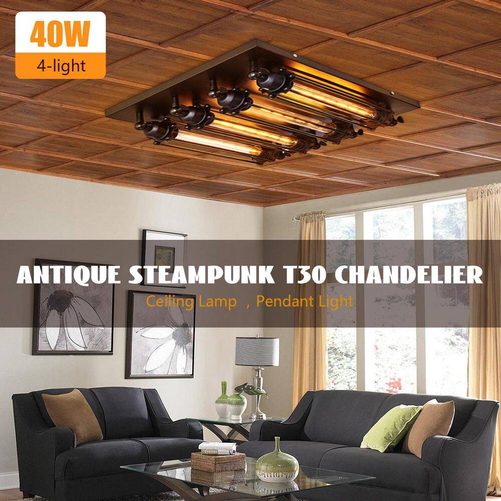 18.11 in. 4-Light Black Industrial Style Square Semi-Flush Mount Ceiling Light with Glass Shade and No Bulbs Included - Hercitys