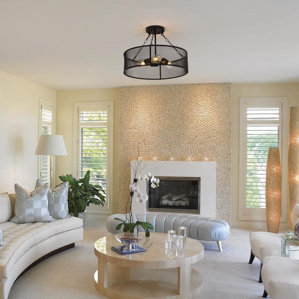 19.7 in. 3-Light Matte Black Drum Farmhouse Semi-Flush Mount with Metal Mesh Cage Shade - Hercitys