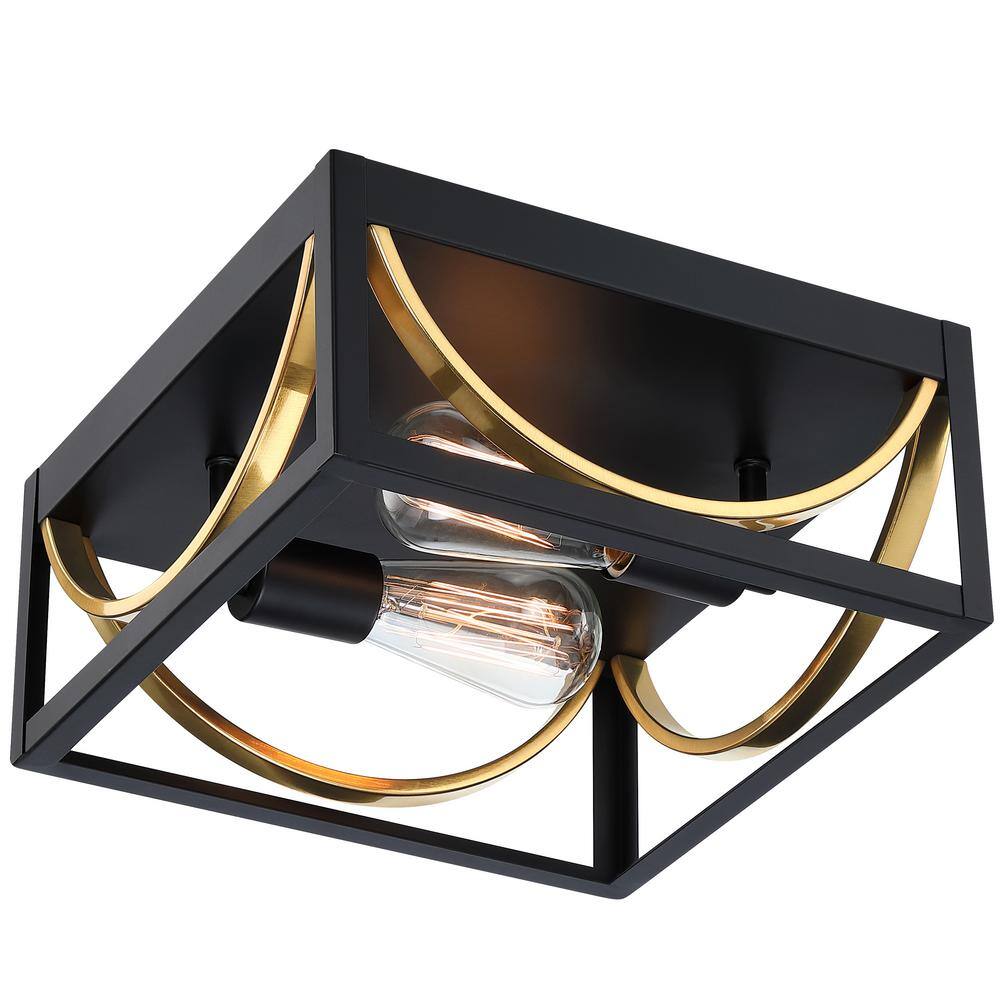 11.8 in. 2-Light Matte Black and Brass Square Flush Mount Ceiling Light - Hercitys