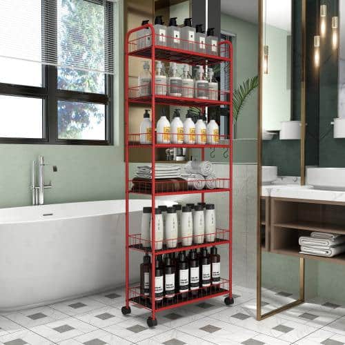 10 in. W 6-Shelf Red Metal Kitchen Car with Wheels - Hercitys