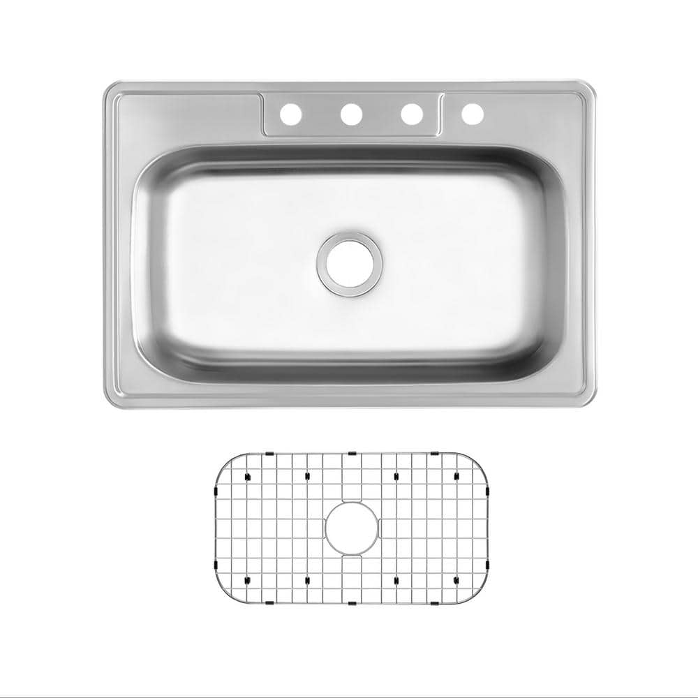33 in. Drop-In Single Bowl 20-Gauge Stainless Steel Kitchen Sink with Bottom Grid - Hercitys