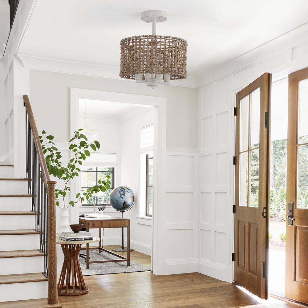 11.8 in. 4-Light Distressed White Farmhouse Drum Semi-Flush Mount Ceiling Light Fixture with Hand Woven Shade - Hercitys