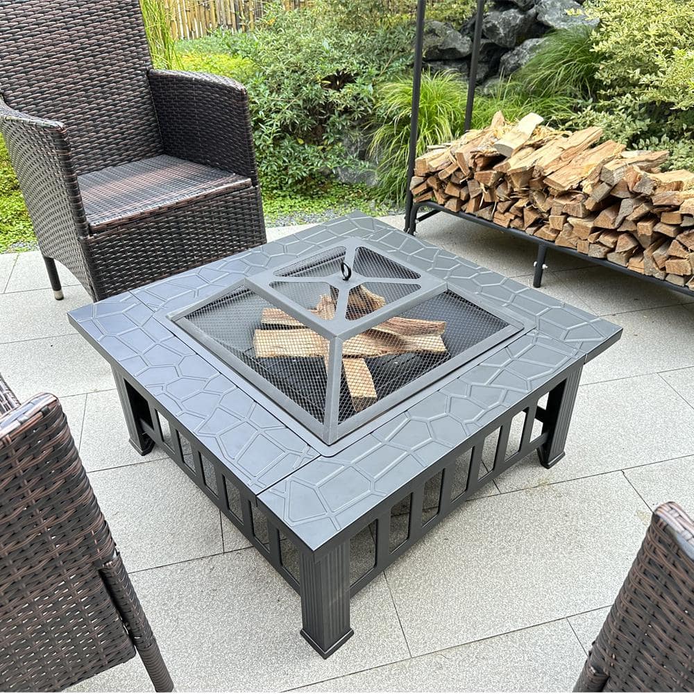 32 in. Outside Portable Metal Wood Burning Fire Pit Square Fire Pits and Outdoor Fireplaces for Patio, Camping - Hercitys