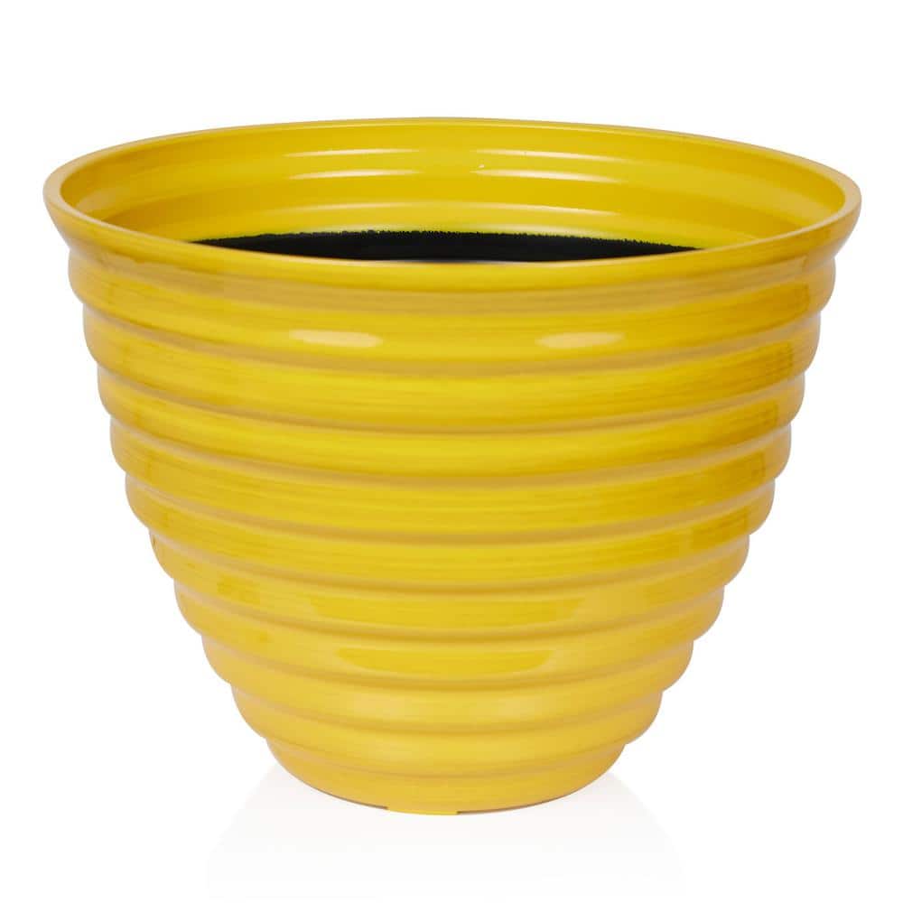 16 in. Indoor/Outdoor Round Glazed Plastic Planter, Yellow - Hercitys