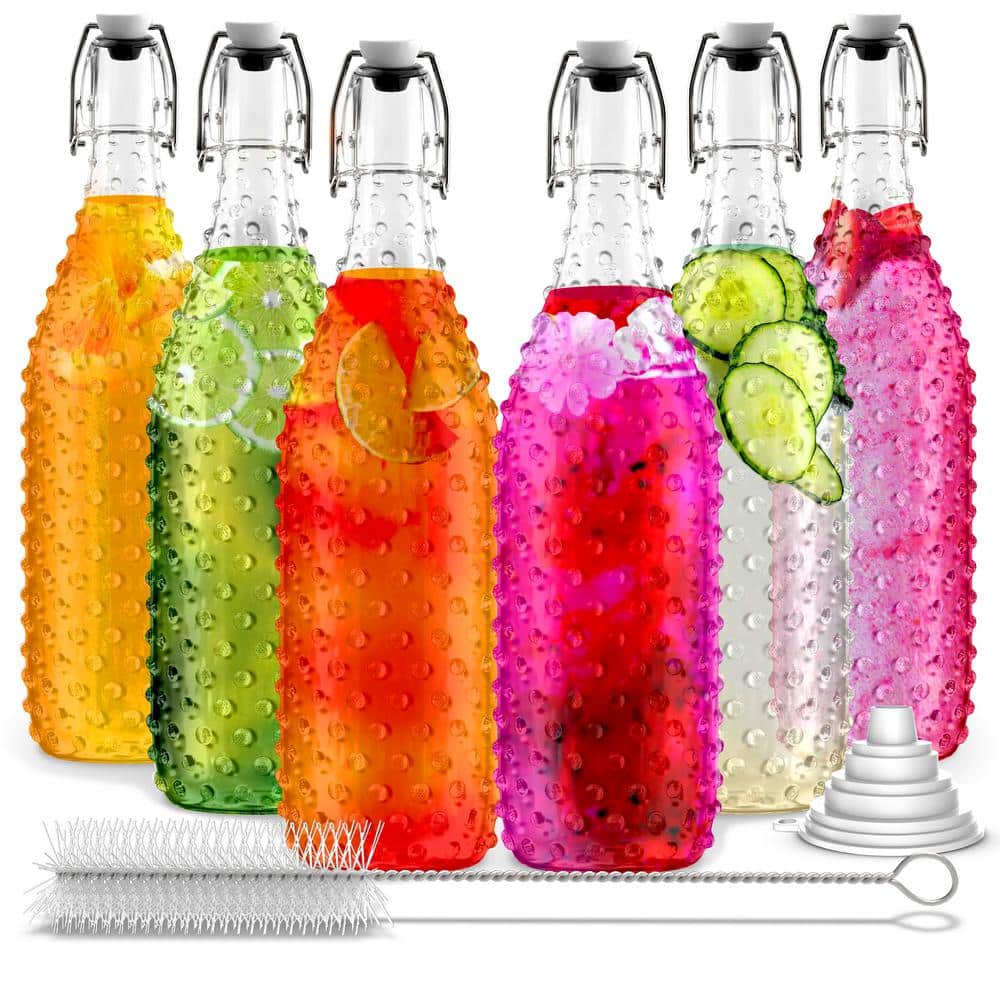 33 oz. Dotted Round Swing Top Glass Bottles with Funnel, Bottle Brush and Glass Marker (Set of 6) - Hercitys