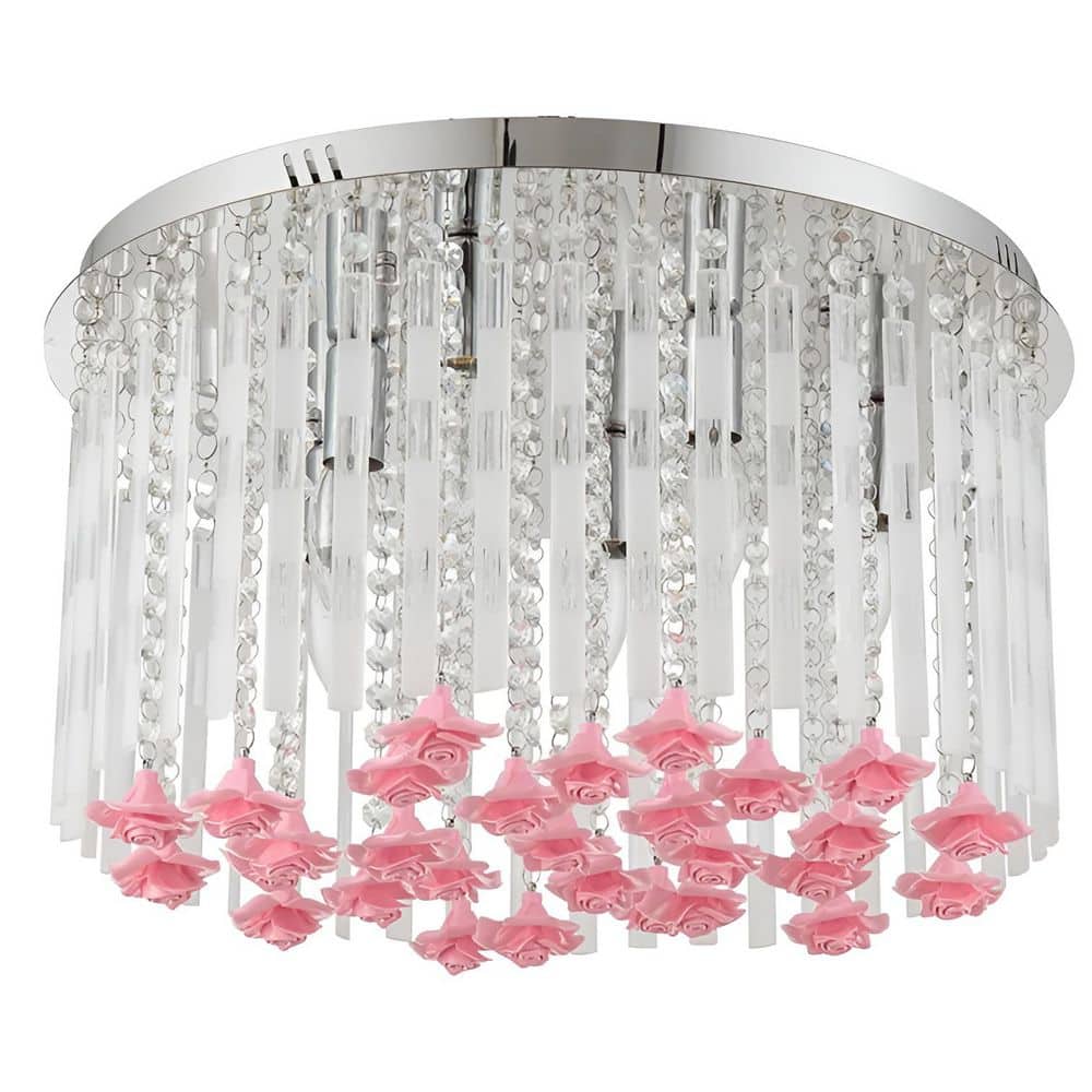 20 in. 7-Light Polished Chrome Flush Mount with Glass Tube Shade and Pink Flower Accents - Hercitys