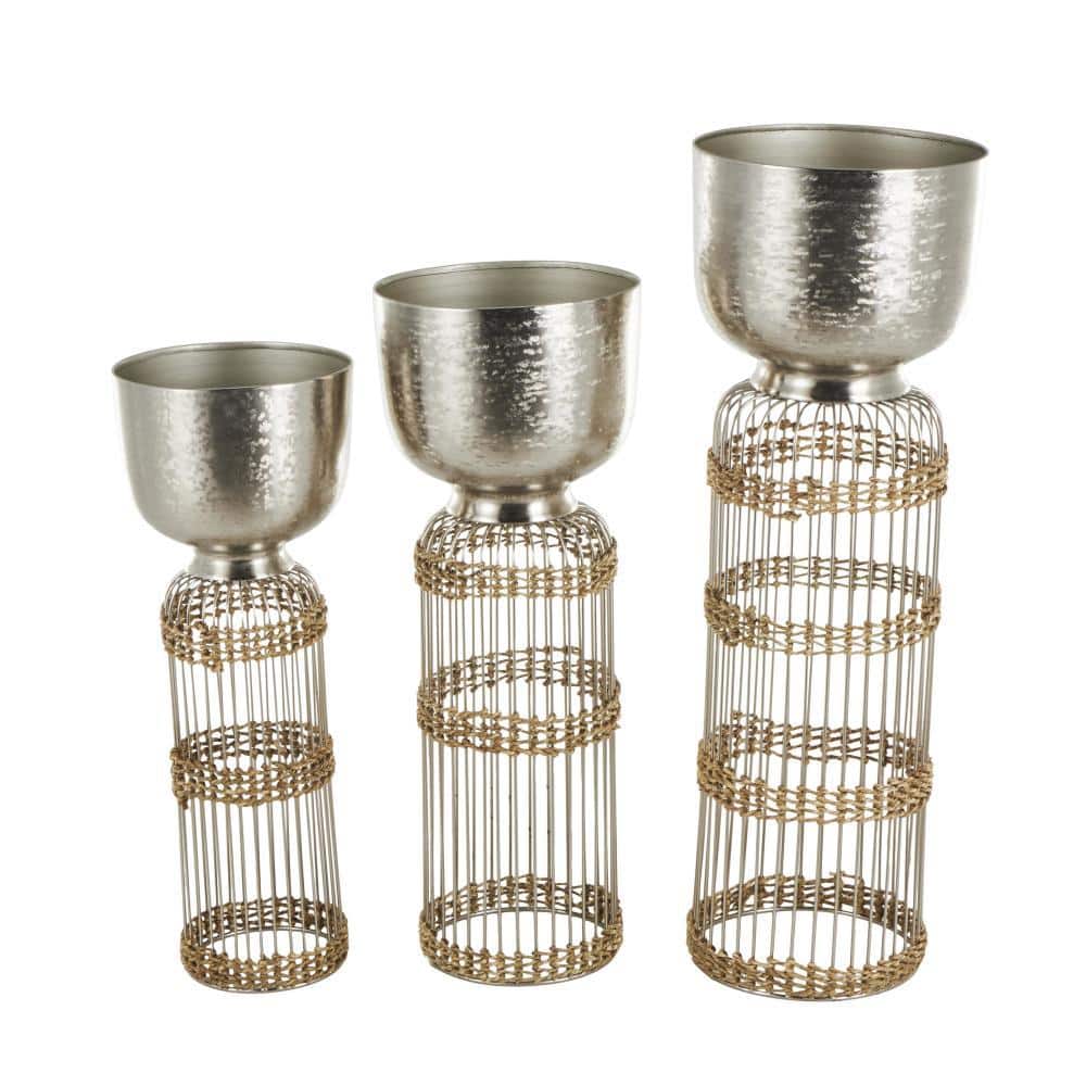 32 in., 27 in. and 24 in. Extra Large Silver Metal Textured Dome Planter with Seagrass and Caged Pedestal Base (3- Pack) - Hercitys