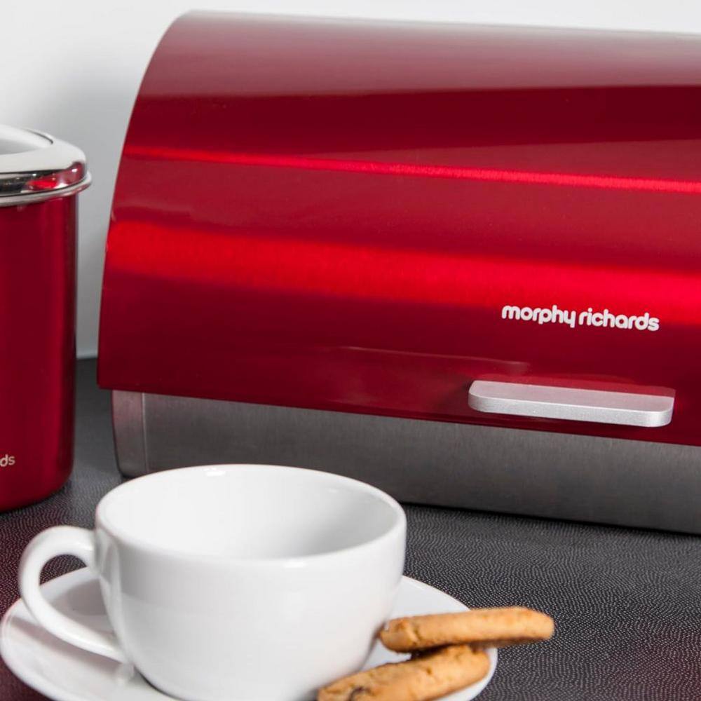 1-Piece Stackable Bread Bin Red Roll Top Lid, Ventilation, Stainless Kitchen Canisters Jars Set - Hercitys