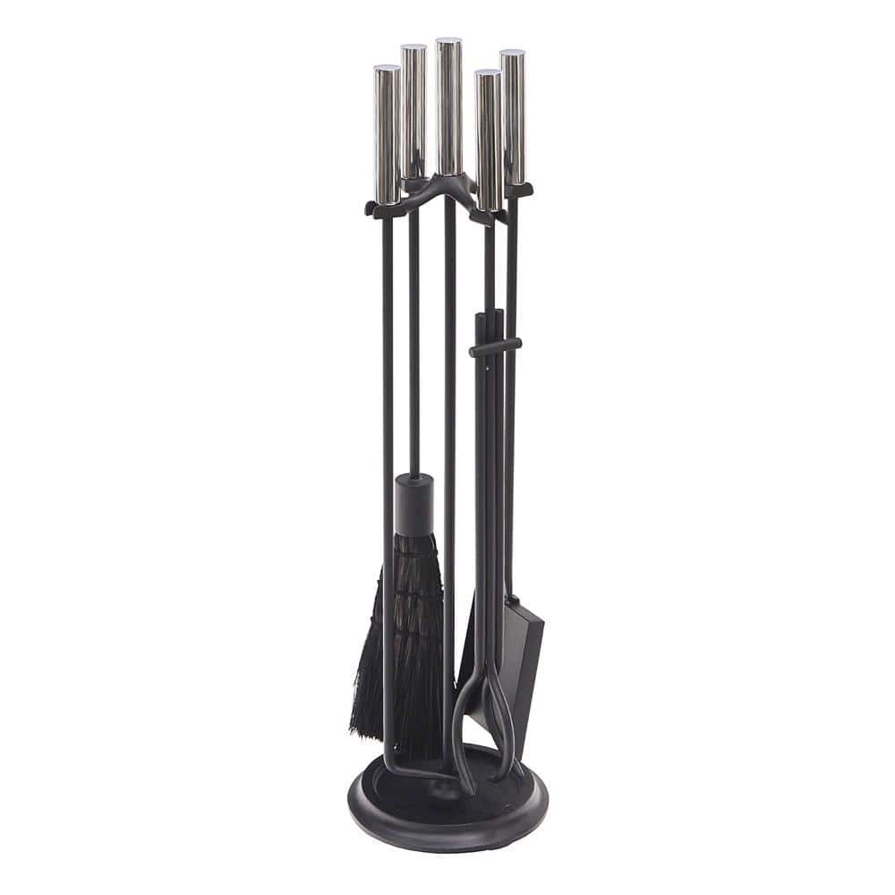 30.25 in. Tall 5-Piece Black and Polished Chrome Contemporary Bedford Fireplace Tool Set - Hercitys
