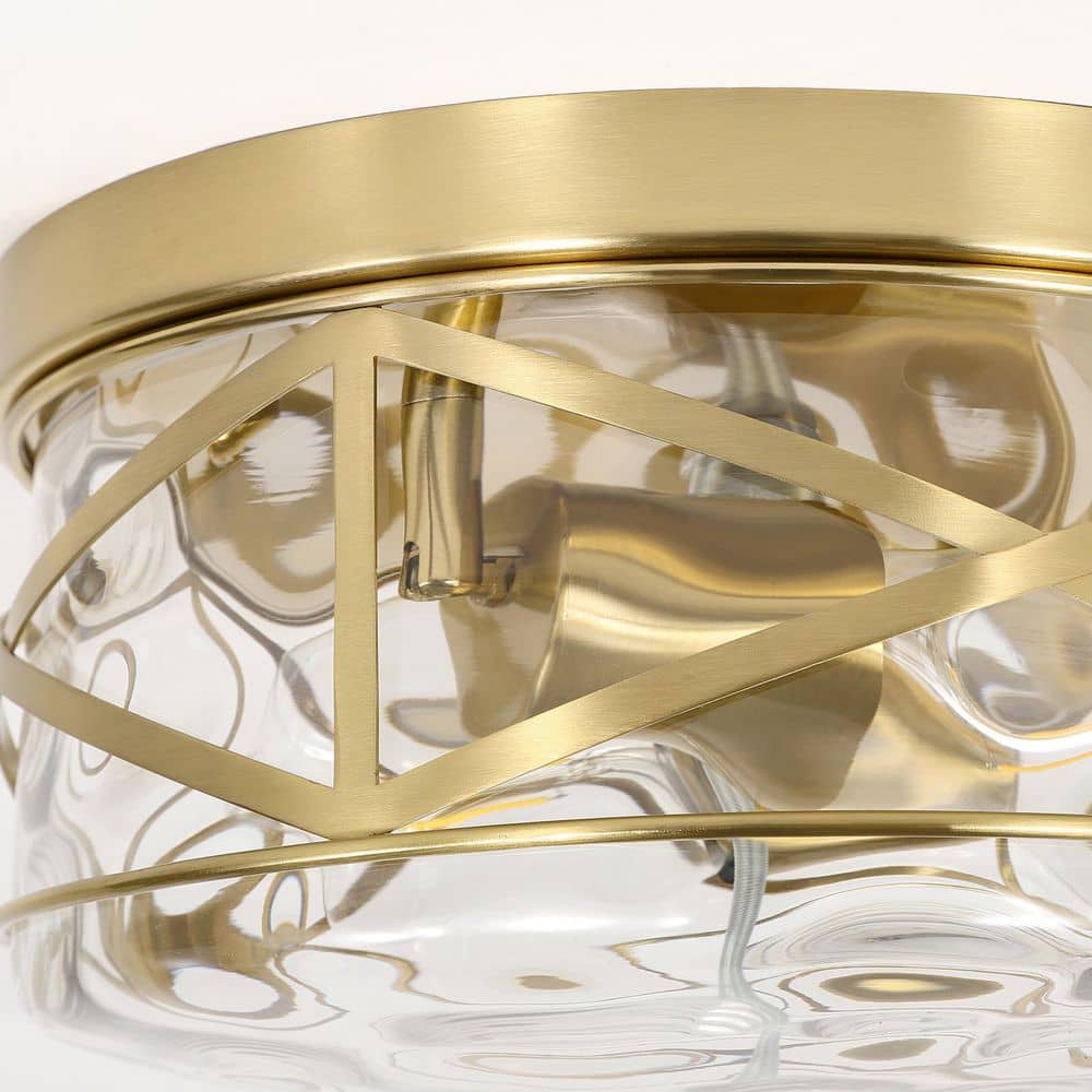 12 in. 2-Light Brass Gold Flush Mount Water Ripple Glass Ceiling Light with Metal Frame - Hercitys