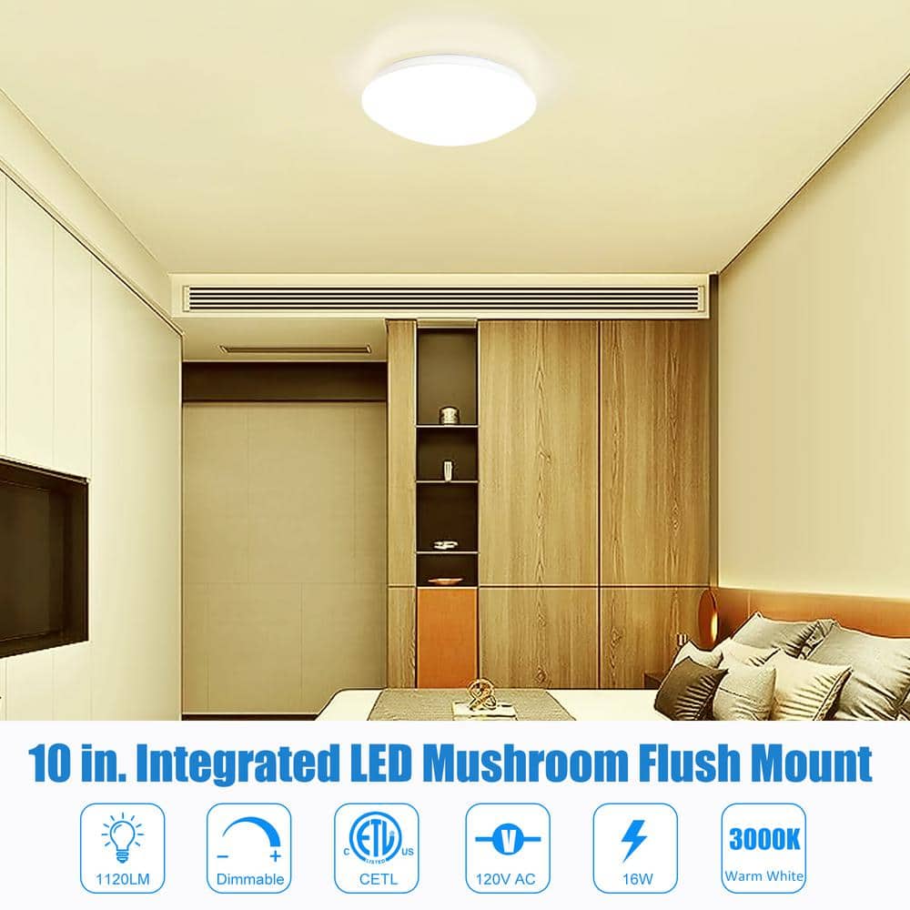 10 in. Integrated LED White Mushroom Flush Mount Ceiling Light 3000K - Hercitys