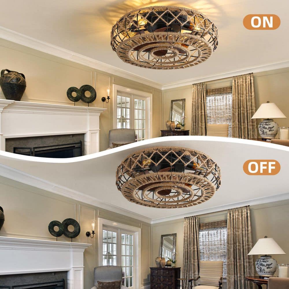 18 in. Black Indoor Caged Ceiling Fan with Light Flush Mount Ceiling Fan with Remote Control, 4-Bulbs Included - Hercitys