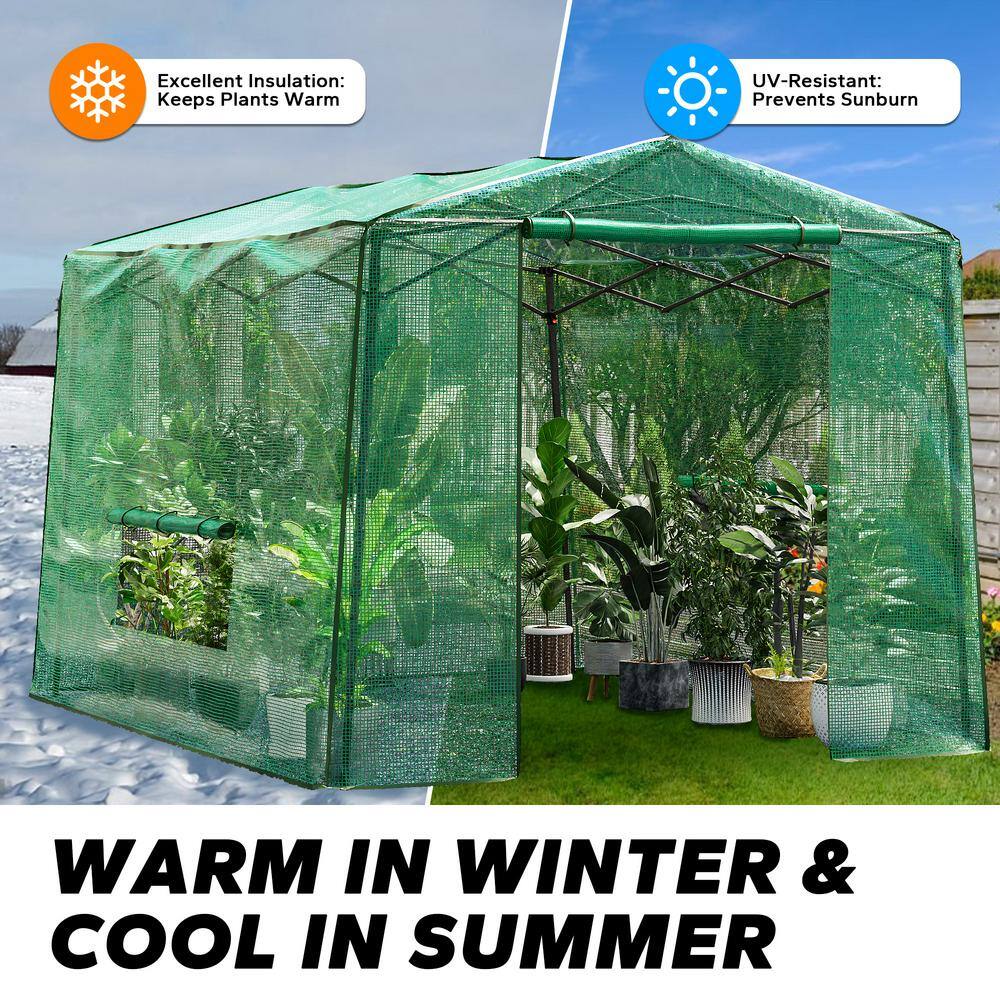 11 ft. x 8.5 ft. Portable Walk-in Pop-up Outdoor Garden Greenhouse with Roll-up Windows, Zippered Door, PE Cover - Hercitys