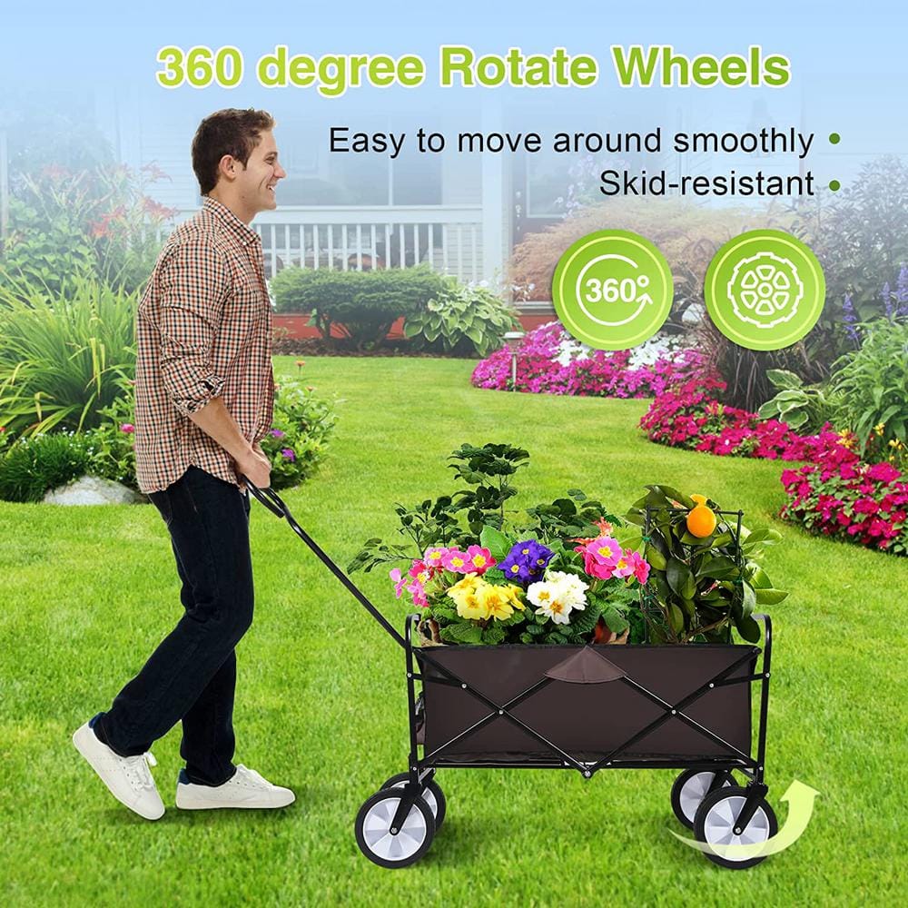 4.71 cu. ft. Steel Garden Cart Rolling Collapsible Camping Wagon w/360-Degree Swivel Wheels & Adjustable Handle in Brown - Hercitys