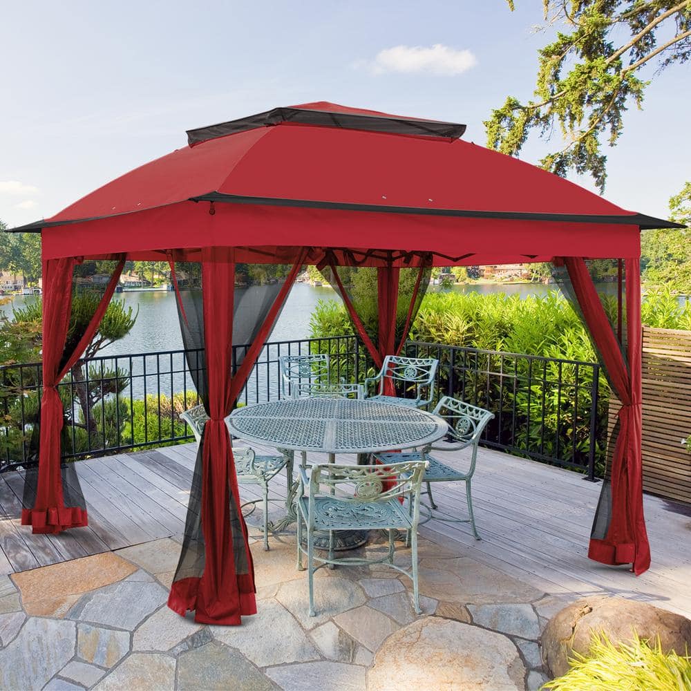 11 ft. x 11 ft. Beige Steel Pop-Up Gazebo with Mosquito Netting - Hercitys
