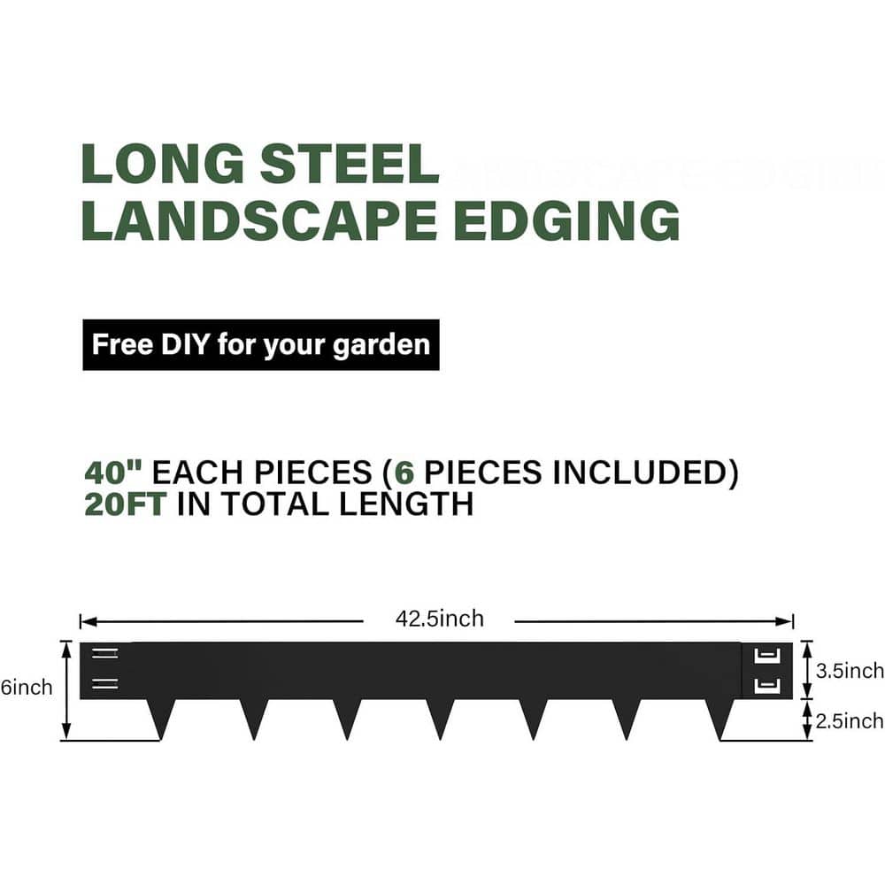40 in. x 6 in. Galvanized Steel Landscape Edging, 6-Pack, Black, Bendable, 20 ft. Total Length - Hercitys