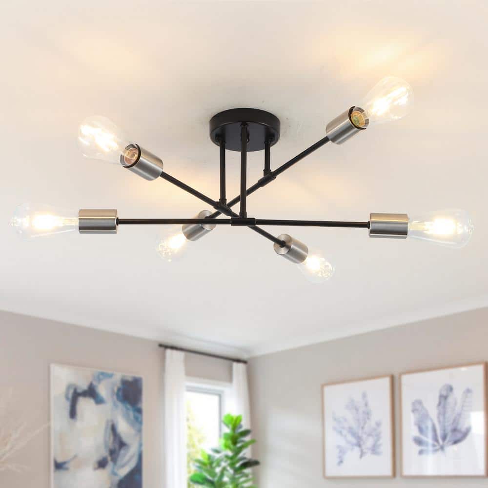 20.66 in. 6-Light Black/Nickel Dimmable Sputnik Chandelier Modern Linear Semi Flush Mount Ceiling Light for Living Room - Hercitys